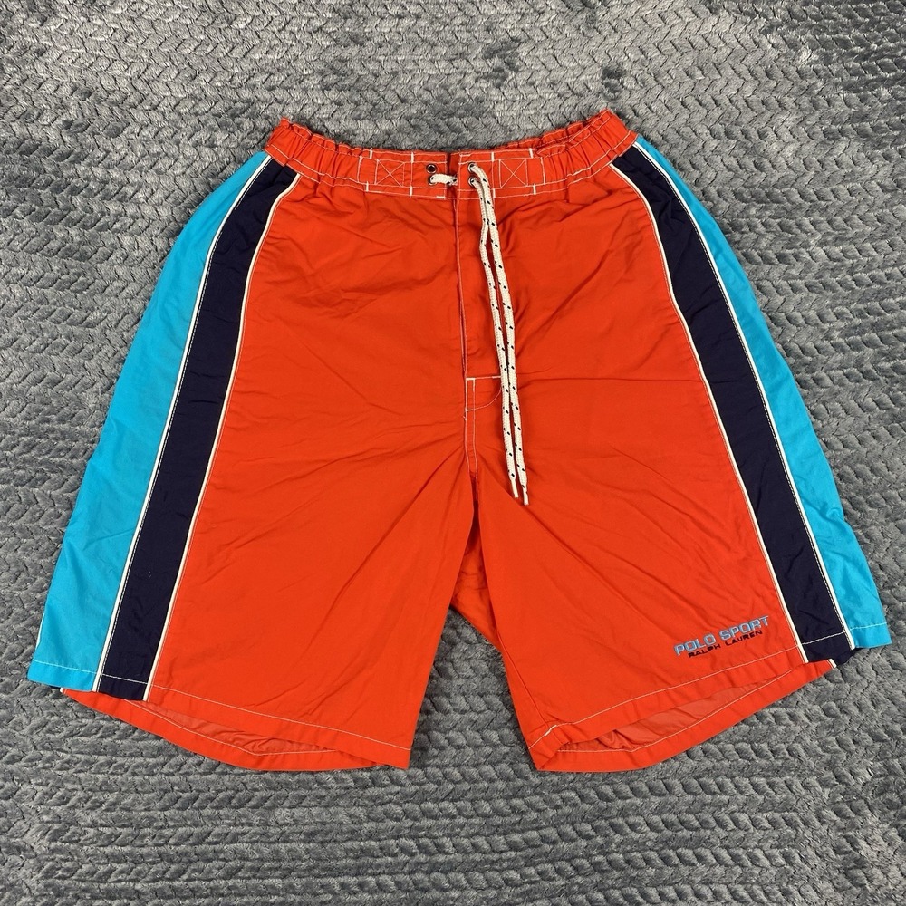 Polo Sport Vintage 90s Ralph Lauren Mens 32 Orange Blue Color Block Board Shorts